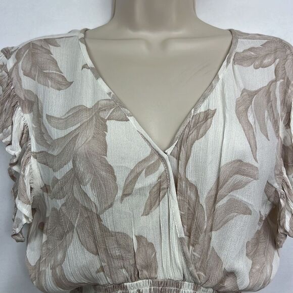 Elan Tan and white tropical print smocked waist wrap top mini dress NWT size XS - Picture 6 of 16